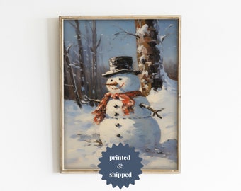 May include: A painting of a snowman in a winter scene. The snowman is wearing a black top hat and a red and white scarf. The background is a snowy forest with trees and a blue sky.