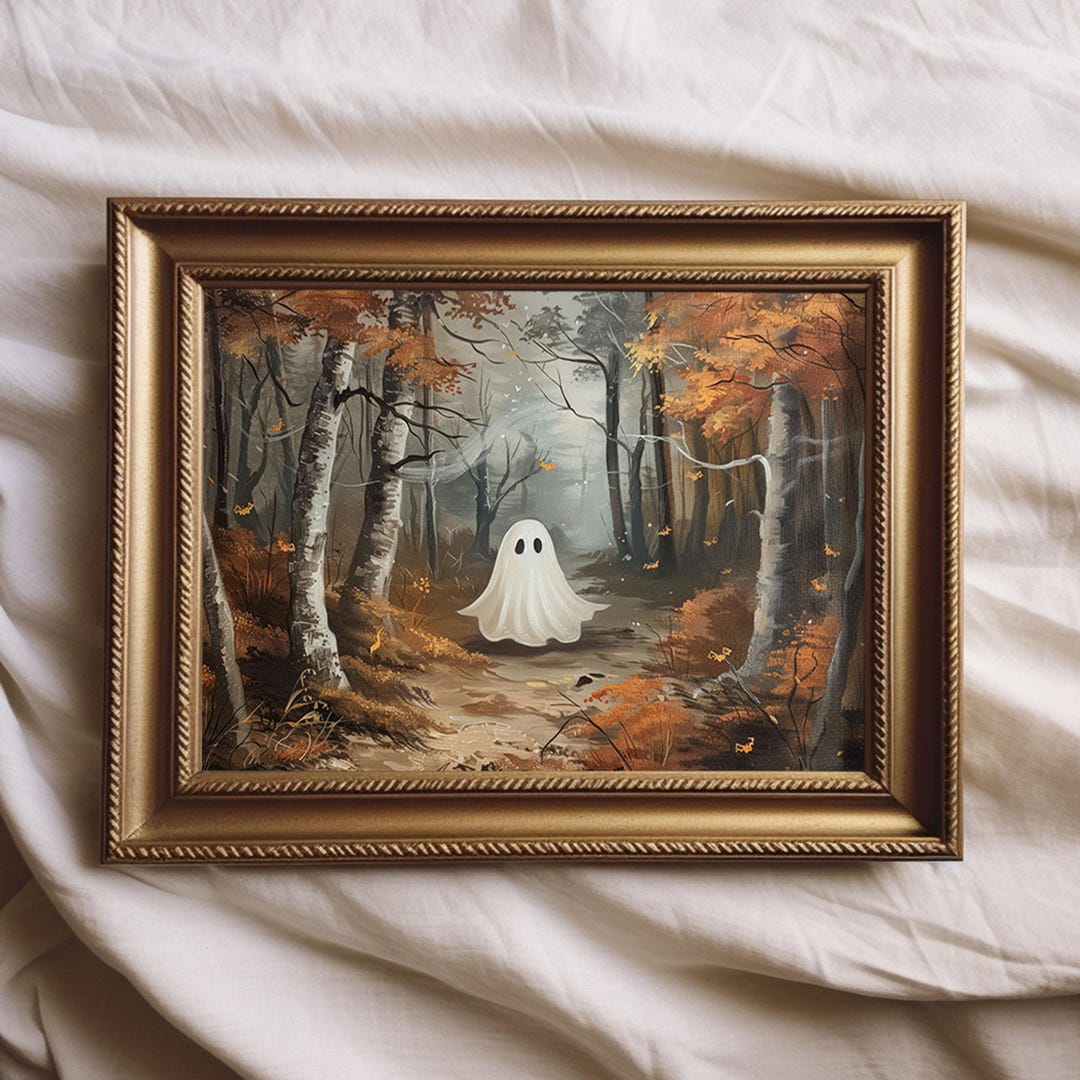 Little Ghost in Autumn Forest Vintage Style Halloween Painting | Spooky ...