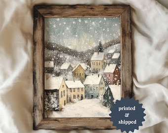 Christmas Village Winter Painting | Cozy Vintage Style Cottage Holiday Decor | PRINTED AND SHIPPED | No. B114