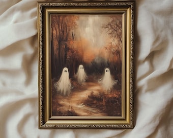 May include: A framed painting of a forest scene with three white ghosts in the foreground. The painting has a rustic, vintage feel and is perfect for a Halloween or spooky decor theme.