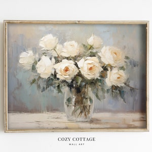 Rosas blancas en jarrón de vidrio Pintura de estilo vintage / Decoración de cabañas de bodegones / IMPRIMIBLE / No. 032