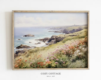 English Coast with Flowers Vintage Style Painting | Coastal Cottage Decor | PRINTABLE | No. 029