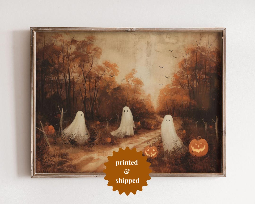 Moody Ghost Painting Autumn Landscape Vintage Style Wall Art Halloween ...