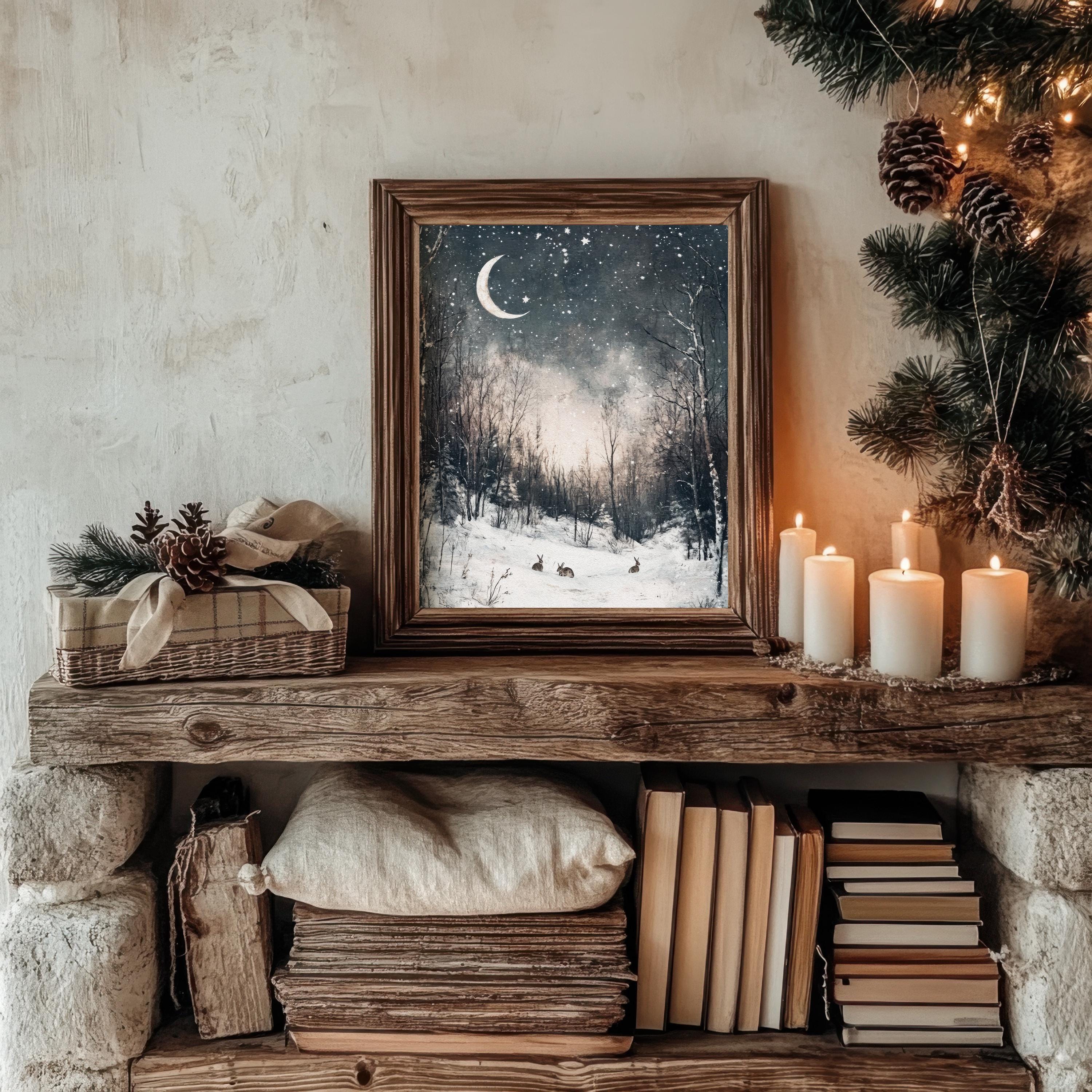 Winter Night Forest Wall Art Rabbits Print | Cozy Vintage Style Cottage ...