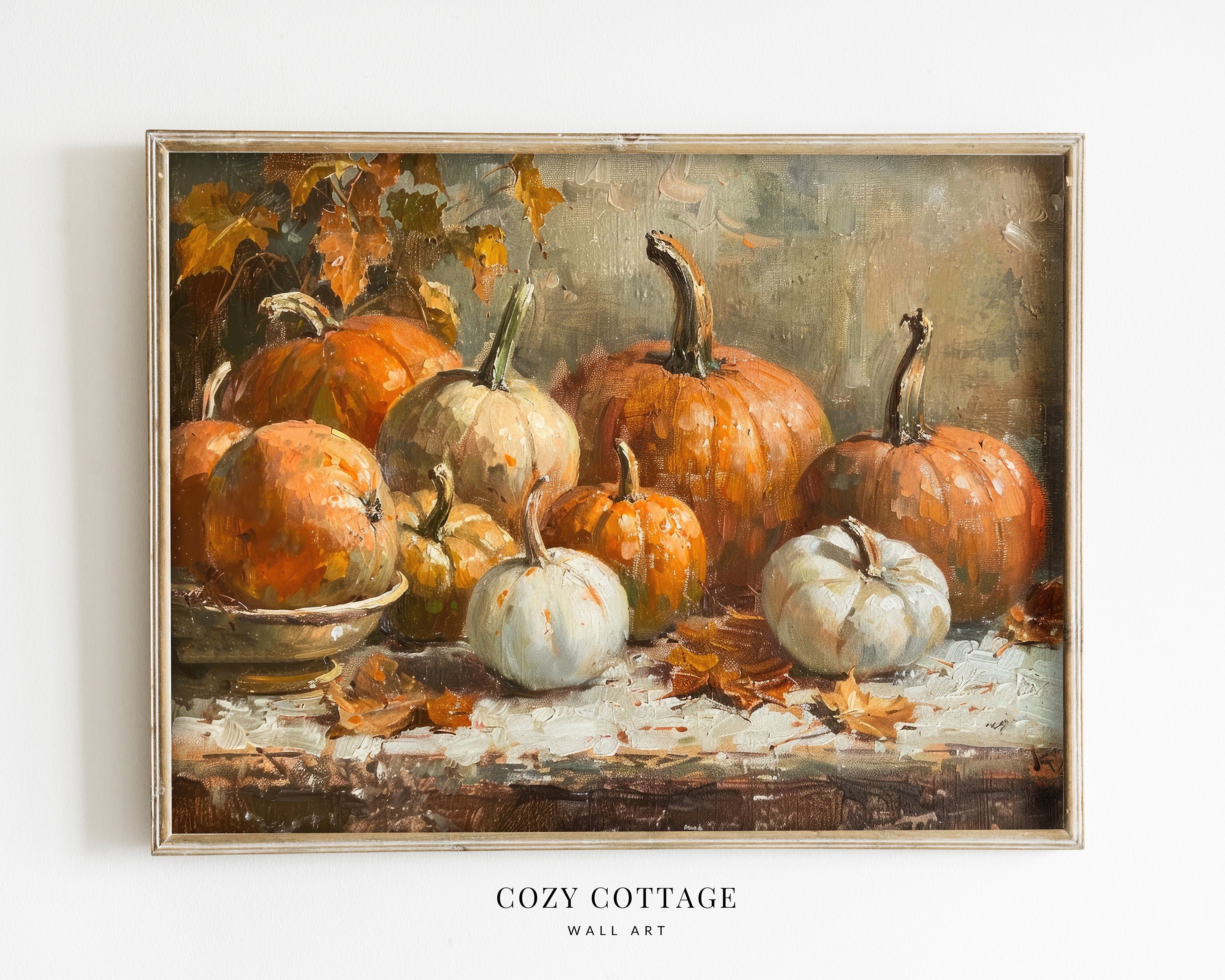 Pumpkins Vintage Still Life Painting Wall Art | Cottage Fall Decor ...