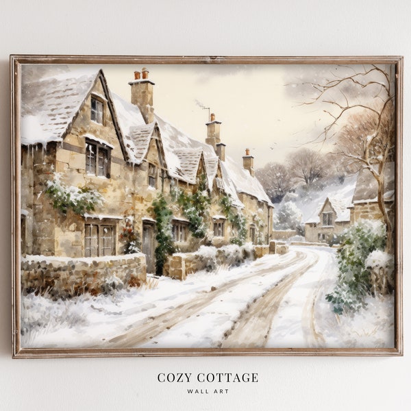 English Cottages in the Snow Vintage Style Painting | Cozy Cottage Christmas Decor | PRINTABLE | No. 004