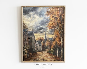 May include: A vintage oil painting depicting a quaint town street scene with houses and a church in the distance. The scene is set in autumn with colorful foliage and a cloudy sky.