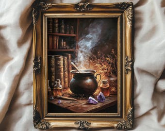Die Hexenhöhle Moody Vintage Style Gemälde | Witchy Cottagecore Halloween Dekor | DRUCKBAR | Nr. 110