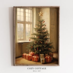 Festive Christmas Tree in Victorian Mansion Vintage Style Painting | Cozy Cottage Christmas Decor | PRINTABLE | No. 015