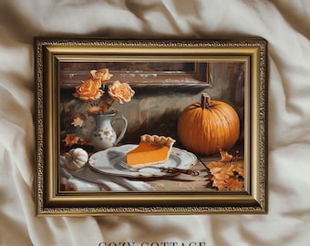 Pumpkin Pie Print Vintage Style Painting | Still Life Fall Art | Cottage Fall Decor PRINTABLE | No. 072