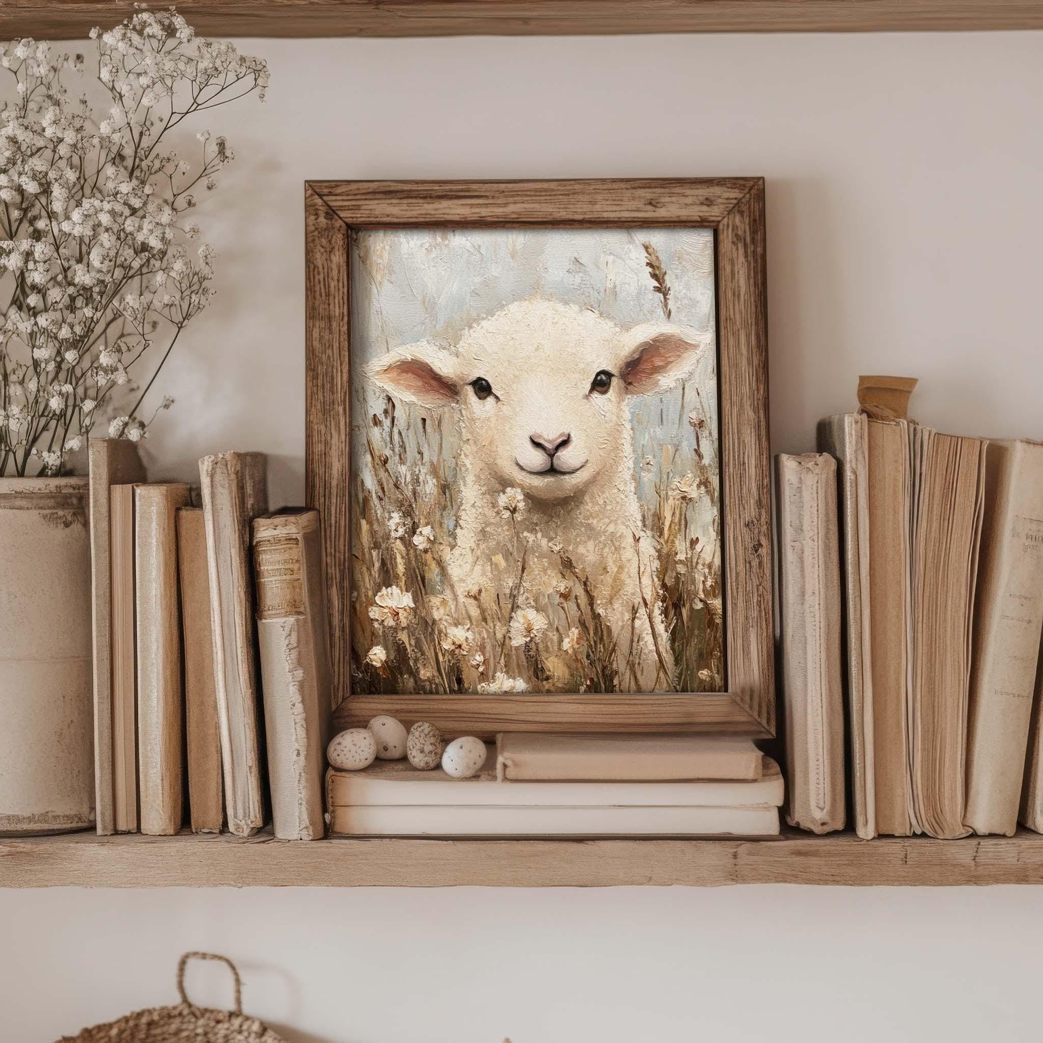Lamb on Flower Meadow Beige Cream Wall Art Print | Vintage Cottage ...