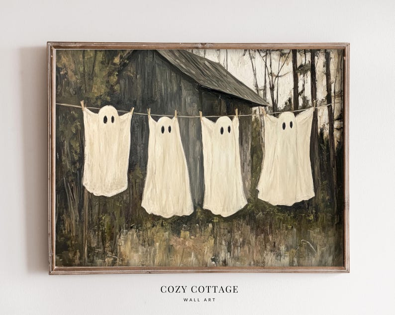 May include: A painting of four white ghosts hanging on a clothesline in front of a rustic wooden building. The ghosts have two black eyes each and are hanging in a row. The background is a dark green forest.