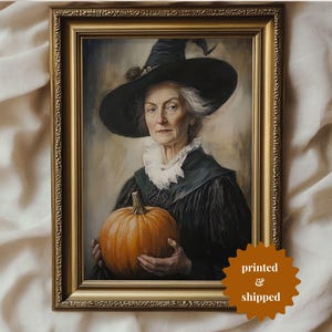 Victorian Witch Holding a Pumpkin Vintage Style Painting | Cottage Halloween Decor | PRINTED AND SHIPPED | No. B088