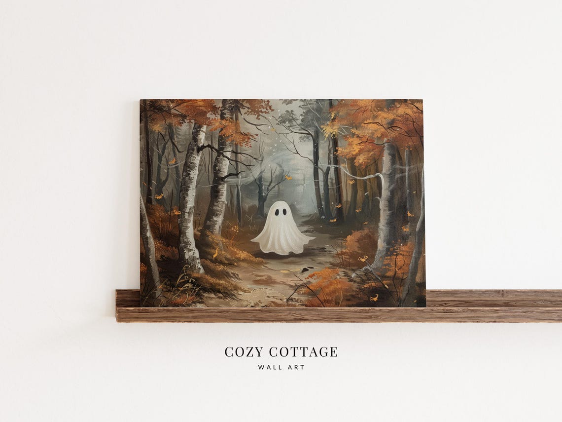 Little Ghost in Autumn Forest Vintage Style Halloween Painting Spooky ...