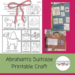 May include: A printable craft titled "Abraham's Suitcase" features illustrations of a sheep, goat, tent, camel, food, shoes, clothes, and water. The image includes text from Genesis 12:9 and a decorative pink bow.