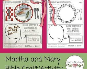 May include: A craft activity sheet with the text "Martha and Mary Bible Craft/Activity." The sheet features illustrations of a meal and a plate, with speech bubbles and text from Luke 10:38-42. A pink ribbon is tied at the top.