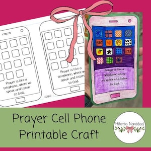 Puede incluir: Un teléfono celular artesanal dibujado a mano con un lazo rosa. La pantalla del teléfono muestra varios iconos de aplicaciones y el texto "La oración es como un teléfono, donde hablamos y escuchamos a Dios." El texto "Prayer Cell Phone Printable Craft" también es visible.
