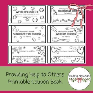 以下が含まれることがあります： 「マイクーポンブック」というタイトルと、家事の画像が描かれた白黒の印刷可能なクーポンブック。クーポンは、部屋の掃除、食器洗い、夕食作り用です。ページの下部には「Providing Help to Others Printable Coupon Book」というテキストがあります。