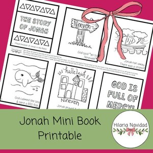 Op de afbeelding: Een zwart-wit printbaar mini-boek voor kinderen over het verhaal van Jona uit de Bijbel. Het boek bevat illustraties van Jona die wegrent, een storm, een walvis en Jona die bidt. De tekst bevat de woorden "Het verhaal van Jona", "God zei: "Ga naar Ninevé!" en "God is vol genade!"