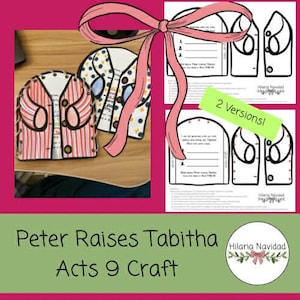 May include: A craft project featuring paper cutouts of jackets with various patterns, including red stripes and blue polka dots. The image includes a pink ribbon and text that reads "Peter Raises Tabitha Acts 9 Craft" and "2 Versions!"