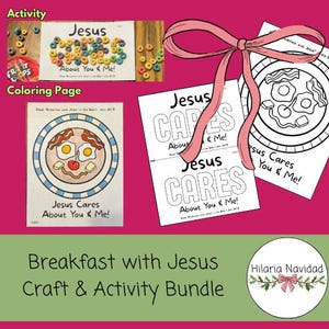 Könnte beinhalten: Ein Bastel- und Aktivitätspaket mit dem Text "Breakfast with Jesus". Das Bild enthält Malvorlagen mit dem Text "Jesus Cares About You & Me!" und eine Getreideaktivität. Eine rosa Schleife ist ebenfalls vorhanden.