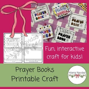 May include: A pink and white image featuring several children's prayer books. The books are decorated with colorful markers and the words "Prayer Book". The image also includes the text "Fun, interactive craft for kids!" and "Prayer Books Printable Craft".