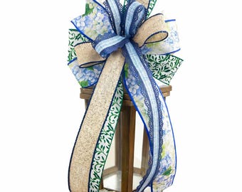 Blue Hydrangea Wreath Bow, Burlap Front Door Decor, Navy Lace Ribbon Accent, Spring Summer Door Swag, Wreath Embellishment, Beige Polka Dot