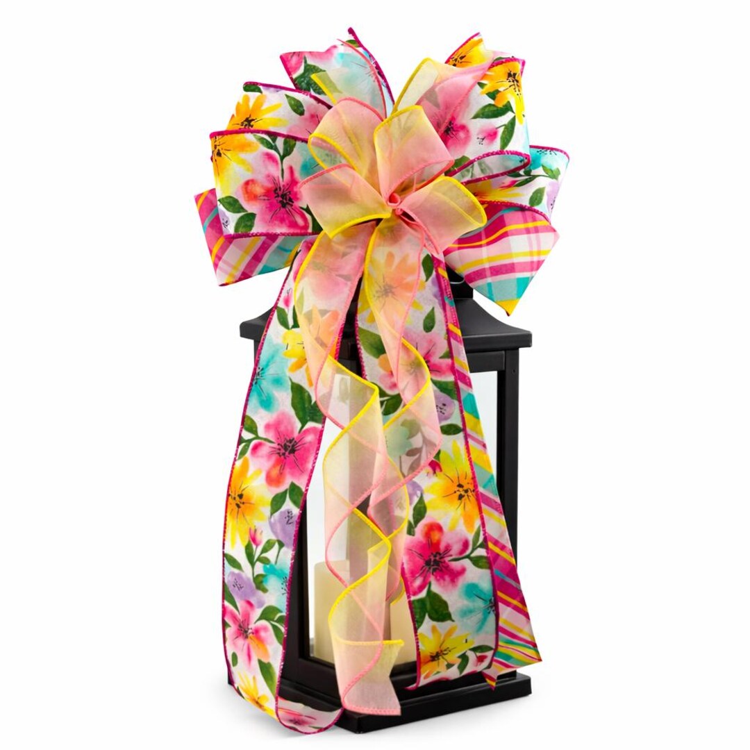 Spring Floral Bow for Wreath, Pink Yellow Door Bow, Easter Mailbox Bow ...