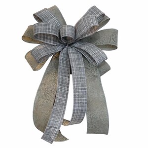 Gray Bow for Wreaths, Farmhouse Style Gift Bow, Plaid Ribbon Door Bow, Gray Wreath Bow, Everyday Rustic Bow
