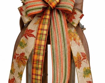 Luxury Fall Harvest Bow, Autumn Lantern Bow, Thanksgiving Front Door Bow, Wired Ribbon Seasonal Bow, Wreath Embellishment