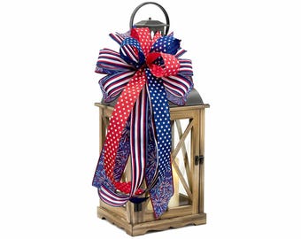 Patriotic Lantern Bow, 4th of July Bow, Red White Blue Decor, Memorial Day Porch Decor, Firework Ribbon Bow, Americana Door Accent