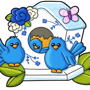 May include: A whimsical illustration of a birdhouse with two blue birds perched on a white ledge. The birdhouse has a blue roof with a pink butterfly and is decorated with blue flowers and green leaves. A third bird is inside the birdhouse.
