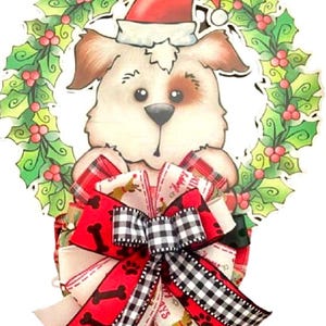 Christmas Pet Lover  Dog or Cat Door Hanger with Bow - Santa Dog Christmas Decoration, Pet Lover Holiday, Veterinary Gift