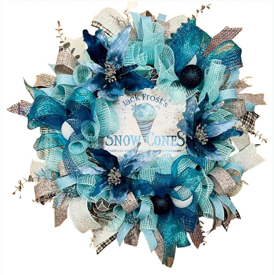 Winter Wreath Ice Blue Theme Door Decor With Blue Mesh and Florals ...