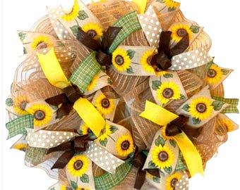 Everyday Sunflower Delight Wreath: Handcrafted Sunflower Wreath, Yellow, Green, Brown. Polka dots ribbon wreath, fall wreath