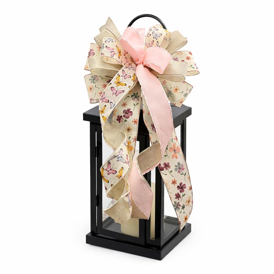 Butterfly Bow for Spring Wreath, Pink Beige and Floral Door Bow, Easter ...