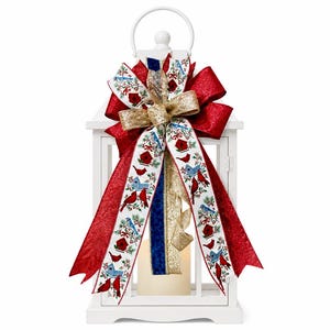 Christmas Wreath Bow Topper Cardinal Pattern | Rustic Country Holiday Door Decor | Red Gold Blue Ribbon
