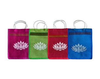 Lotus Print Jute Bags - 10" x 8" -Perfect Return Gifts, Indian Gift Bags, Puja Return Gifts, Thamboolam Bags