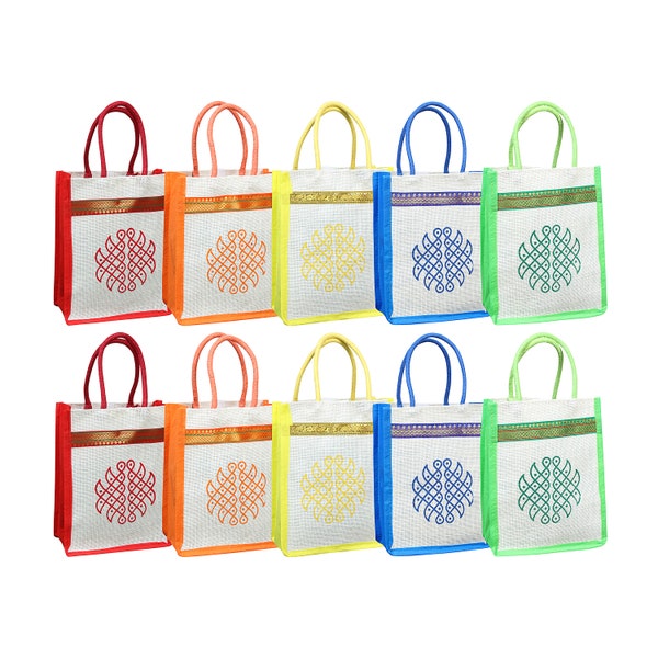 Rangoli Print Jute Bags - 10" x 8" -Perfect Return Gifts, Indian Gift Bags, Puja Return Gifts, Thamboolam Bags