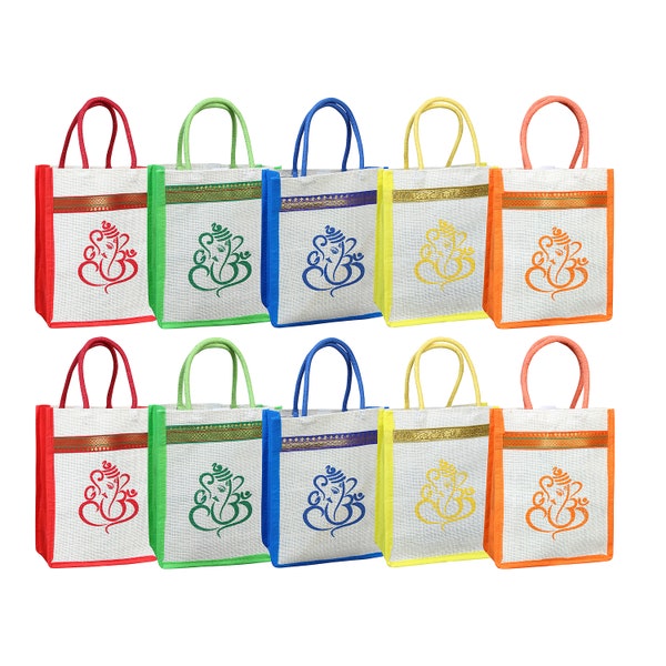 Ganesha Print Jute Bags - 10" x 8" -Perfect Return Gifts, Indian Gift Bags, Puja Return Gifts, Thamboolam Bags