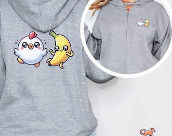 Sudadera con capucha de pollo y plátano kawaii, canción meme de TikTok de moda, sudadera con cremallera, regalo ideal para cualquiera, jersey gráfico divertido, sudadera con capucha con cremallera de animales