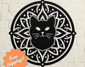 Decoración de metal con mandala de gato / Arte de pared y regalo exclusivo para amantes de los gatos / Diseño de gato espiritual zen para decoración del hogar