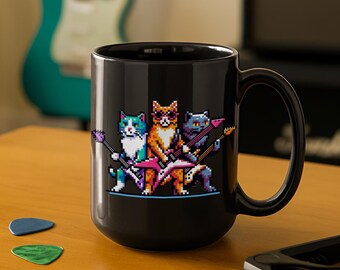 Taza de Gatos con Guitarra Pixelada: Taza de Café Negra para Amantes de los Gatos, Regalo de Guitarrista, Taza de Música Retro, Taza Divertida de Músico