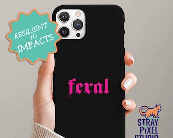Funda para teléfono Feral, funda resistente para teléfono, fuente rosa, fondo negro, funda protectora para teléfono, funda resistente para teléfono, funda duradera para teléfono, Wild Phone