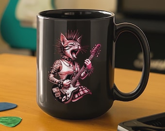 Taza de gato punk rock: taza de café para guitarrista, regalo para música femenina, arte de gato rockero, taza feminista para amantes de la música.