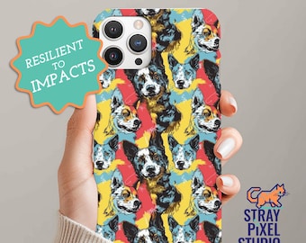 Funda para teléfono con diseño de perro Blue Heeler, inspirada en Andy Whorhal, resistente y de estilo pop art. Ideal para amantes del pastor ganadero australiano.