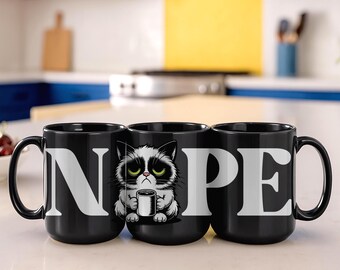 Taza "Grumpy Cat Nope" - Divertida taza de café negra, regalo para amantes de los gatos, taza para el buen humor matutino, taza sarcástica