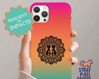 Funda para teléfono con diseño de gatos gemelos de colores: diseño de mandala, resistente y protectora para iPhone y Samsung, ideal para amantes de los gatos.