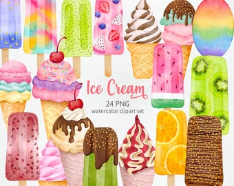 Può includere: Un set di 24 immagini clipart ad acquerello di coni gelato, ghiaccioli e stecchi gelato. Le immagini presentano una varietà di gusti e condimenti, tra cui cioccolato, fragola, vaniglia e codette. Le immagini sono perfette per l'uso nello scrapbooking digitale, nella creazione di biglietti e in altri progetti di artigianato.