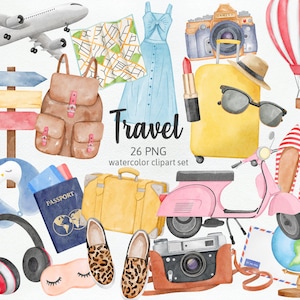 Travel Holiday Collection, Luggage Backpack Airplane Sunglasses Globe Travelling Adventure Trip Watercolor Cliparts PNG, Commercial Use